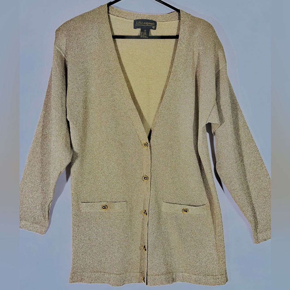 VTG LISA originals Sparkle Knit Cardigan Women S Gold Button Front Long Sleeve